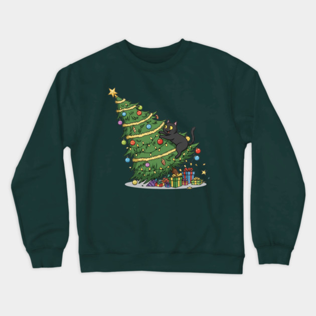 Cat Climbing the Christmas Tree Crewneck Sweatshirt by Creatifly Graphic Tees
