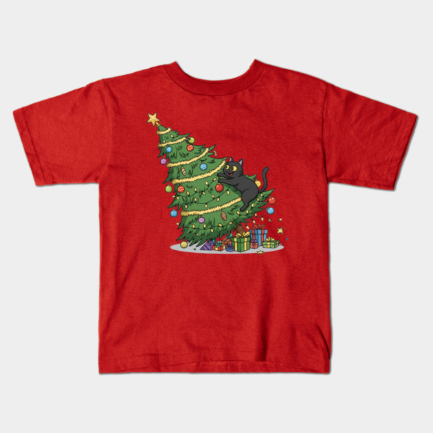Cat Climbing the Christmas Tree Kids T-Shirt by Creatifly Graphic Tees