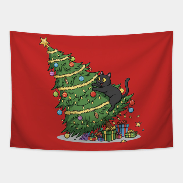 Cat Climbing the Christmas Tree Tapestry by Creatifly Graphic Tees