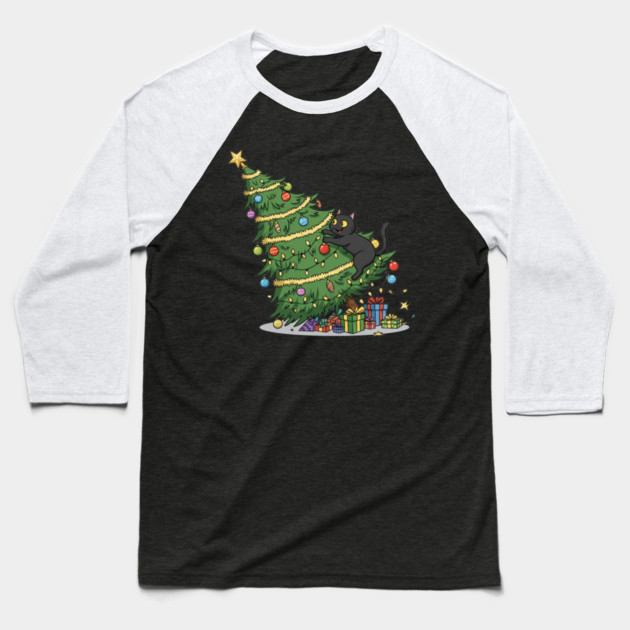 Cat Climbing the Christmas Tree Baseball T-Shirt by Creatifly Graphic Tees