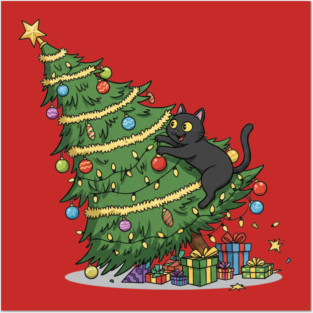 Cat Climbing the Christmas Tree Posters and Art