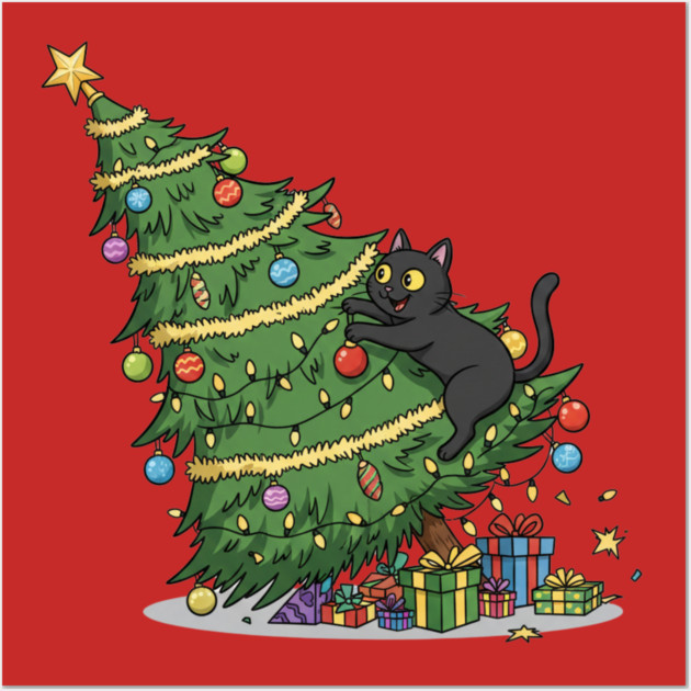 Cat Climbing the Christmas Tree Wall Art by Creatifly Graphic Tees