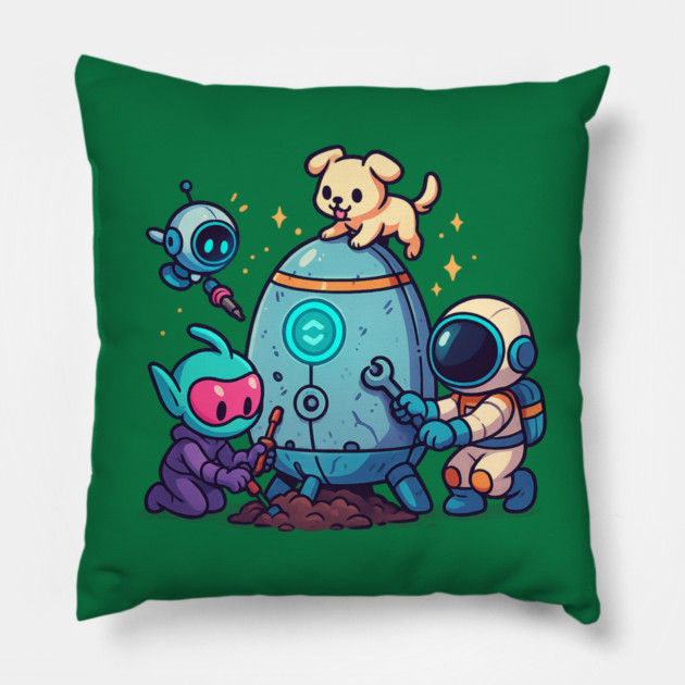 Cute Alien, Astronaut & Puppy Fixing a Rocket Pillow by Anne Lee