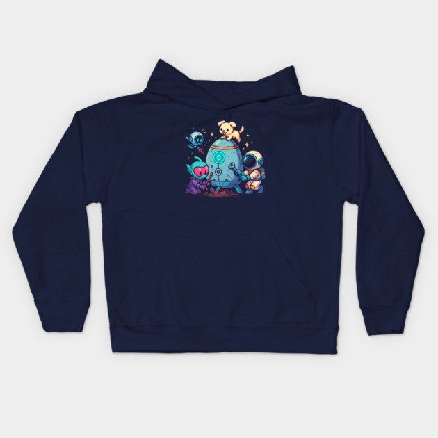 Cute Alien, Astronaut & Puppy Fixing a Rocket Kids Hoodie by Anne Lee