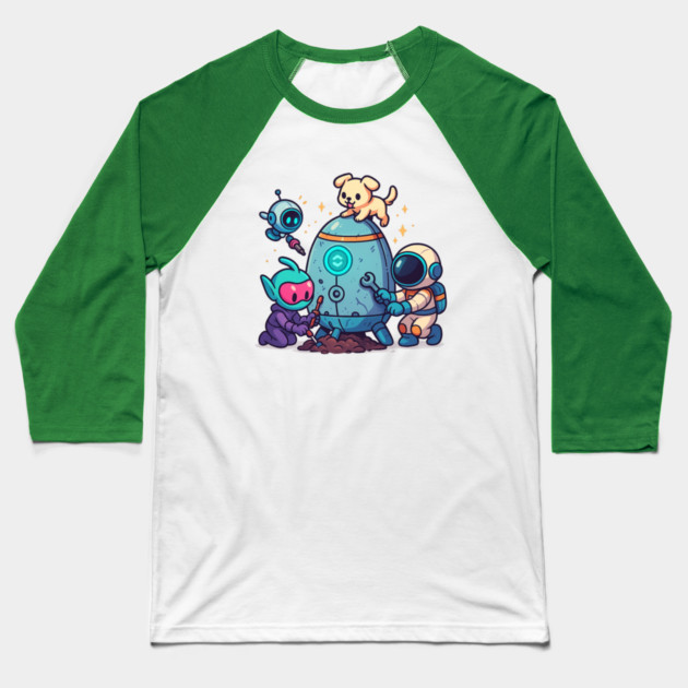 Cute Alien, Astronaut & Puppy Fixing a Rocket Baseball T-Shirt by Anne Lee