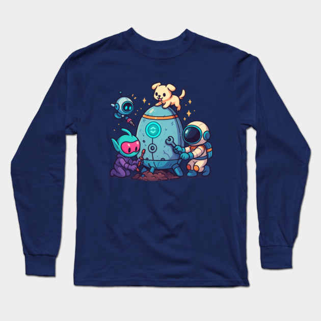 Cute Alien, Astronaut & Puppy Fixing a Rocket Long Sleeve T-Shirt by Anne Lee