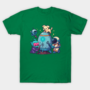 Cute Alien, Astronaut & Puppy Fixing a Rocket T-Shirt