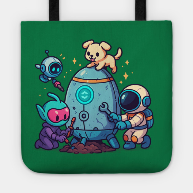 Cute Alien, Astronaut & Puppy Fixing a Rocket Tote by Anne Lee