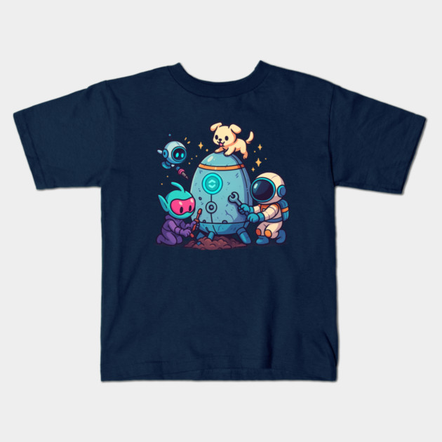 Cute Alien, Astronaut & Puppy Fixing a Rocket Kids T-Shirt by Anne Lee