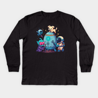 Cute Alien, Astronaut & Puppy Fixing a Rocket Kids Long Sleeve T-Shirt
