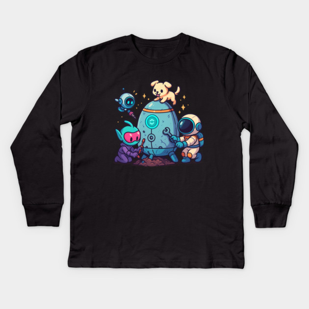 Cute Alien, Astronaut & Puppy Fixing a Rocket Kids Long Sleeve T-Shirt by Anne Lee