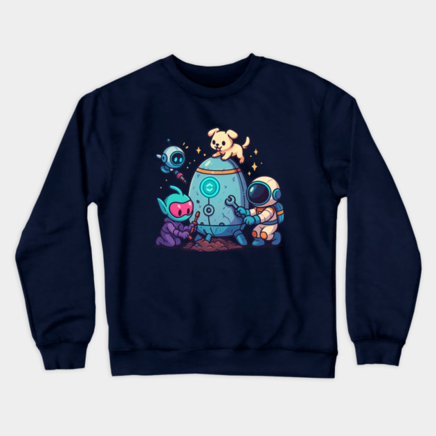 Cute Alien, Astronaut & Puppy Fixing a Rocket Crewneck Sweatshirt by Anne Lee