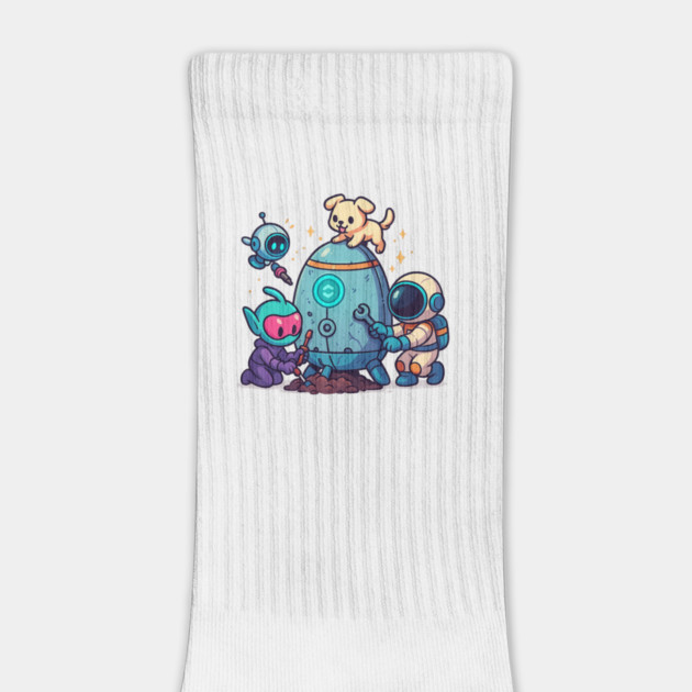 Cute Alien, Astronaut & Puppy Fixing a Rocket by Anne Lee