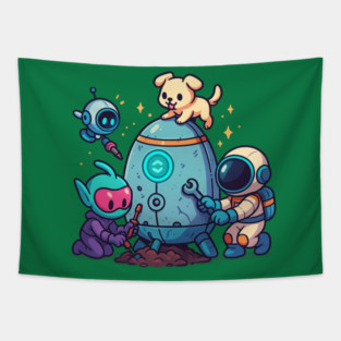 Cute Alien, Astronaut & Puppy Fixing a Rocket Tapestry