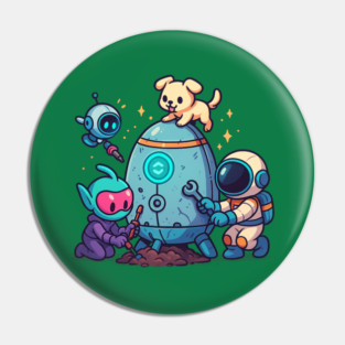 Cute Alien, Astronaut & Puppy Fixing a Rocket Pin