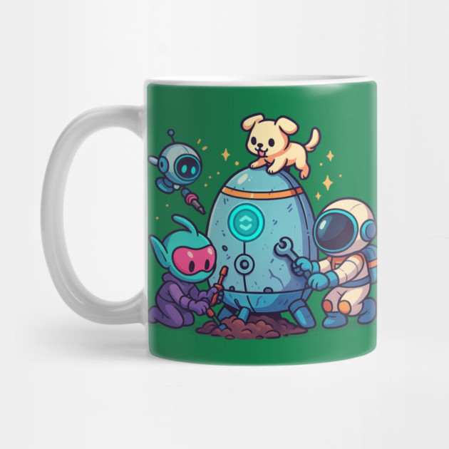 Cute Alien, Astronaut & Puppy Fixing a Rocket by Anne Lee