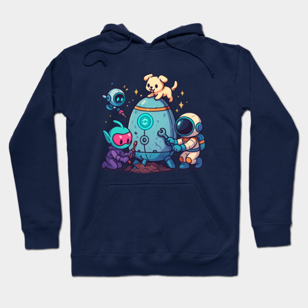 Cute Alien, Astronaut & Puppy Fixing a Rocket Hoodie by Anne Lee