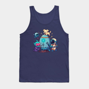 Cute Alien, Astronaut & Puppy Fixing a Rocket Tank Top