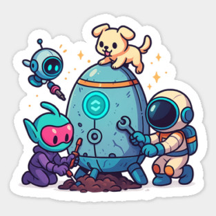 Cute Alien, Astronaut & Puppy Fixing a Rocket Sticker