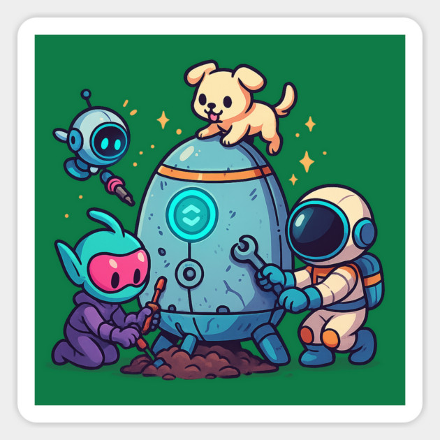 Cute Alien, Astronaut & Puppy Fixing a Rocket Magnet by Anne Lee