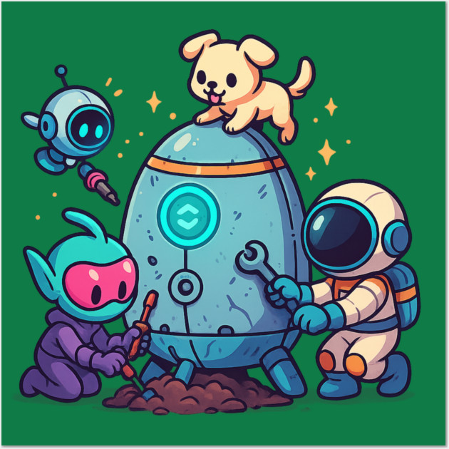 Cute Alien, Astronaut & Puppy Fixing a Rocket Wall Art by Anne Lee