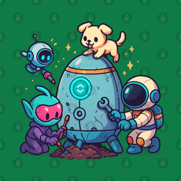 Cute Alien, Astronaut & Puppy Fixing a Rocket by Anne Lee