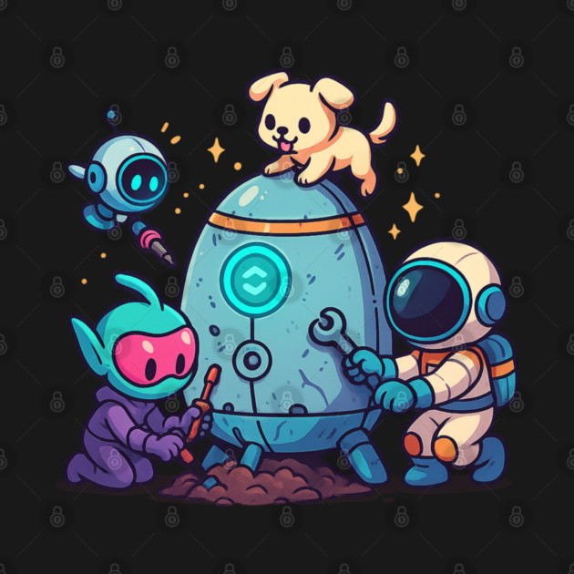 Cute Alien, Astronaut & Puppy Fixing a Rocket by Anne Lee