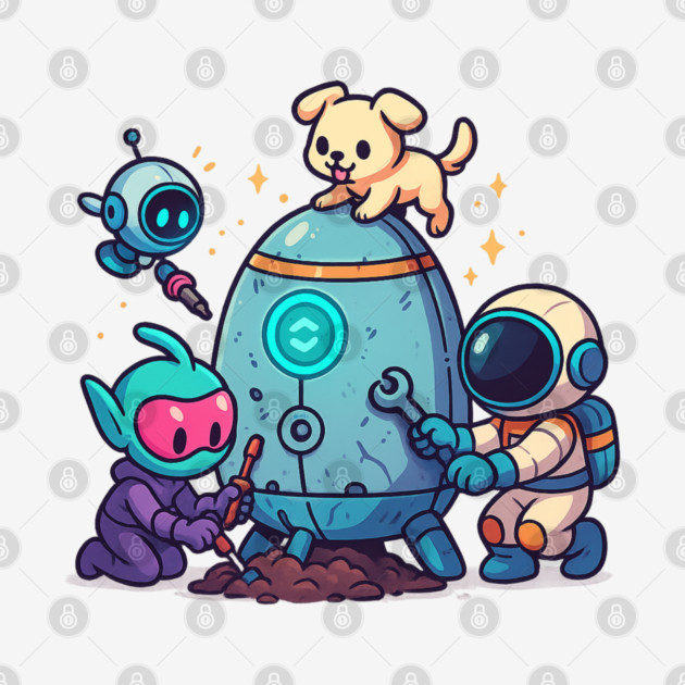 Cute Alien, Astronaut & Puppy Fixing a Rocket by Anne Lee