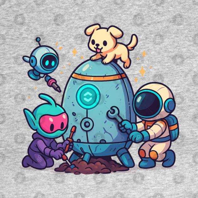 Cute Alien, Astronaut & Puppy Fixing a Rocket by Anne Lee