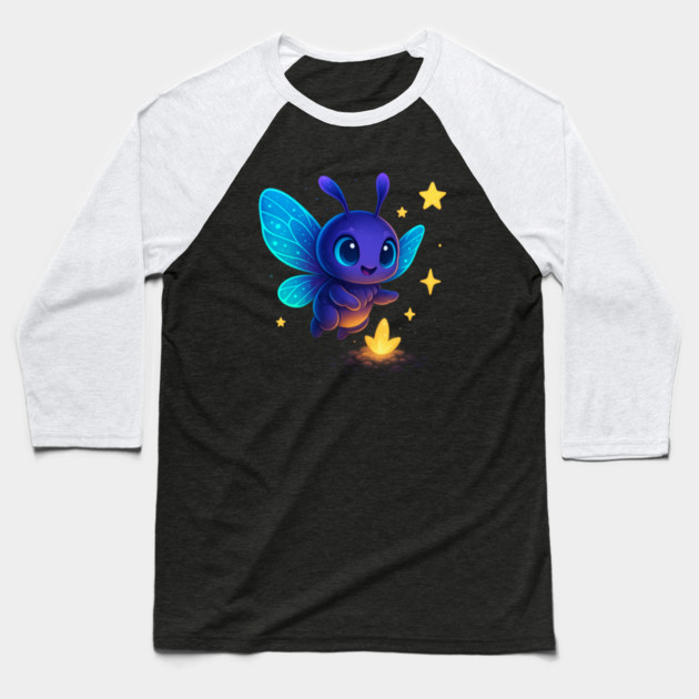 Cute Glowing Bug with Magic Sprout • Whimsical Fantasy Art Baseball T-Shirt by Anne Lee