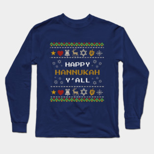 Retro Pixel Hanukkah – Holiday Stitch Pattern Long Sleeve T-Shirt