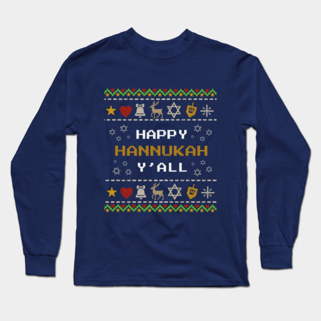 Retro Pixel Hanukkah – Holiday Stitch Pattern Long Sleeve T-Shirt by Thank HaShem