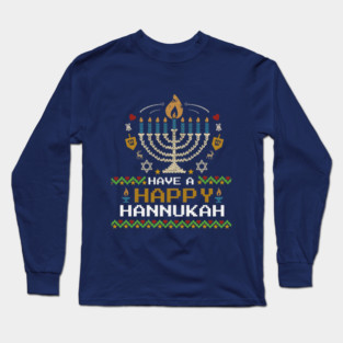 Knit Pixel Menorah – Have a Happy Hannukah Long Sleeve T-Shirt