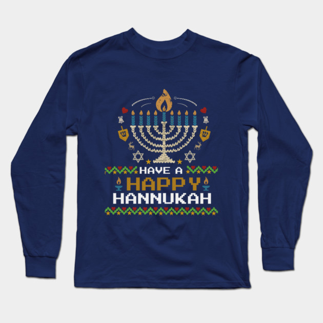 Knit Pixel Menorah – Have a Happy Hannukah Long Sleeve T-Shirt by Thank HaShem