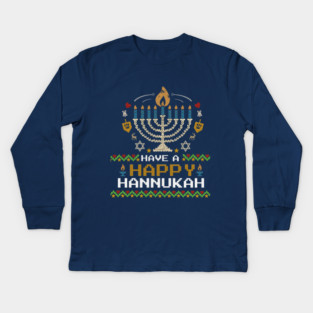Knit Pixel Menorah – Have a Happy Hannukah Kids Long Sleeve T-Shirt