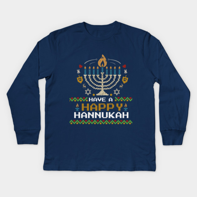 Knit Pixel Menorah – Have a Happy Hannukah Kids Long Sleeve T-Shirt by Thank HaShem