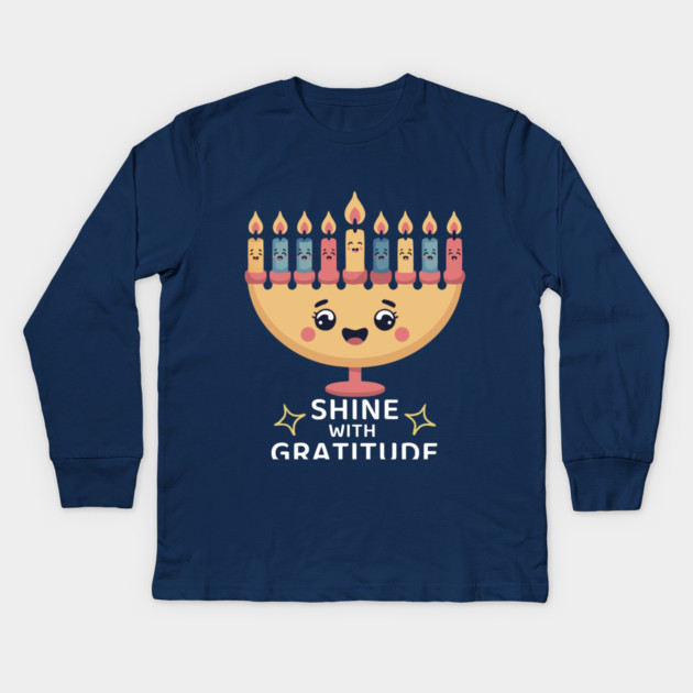 Shine With Gratitude – Kawaii Hanukkah Latke Menorah Kids Long Sleeve T-Shirt by Thank HaShem