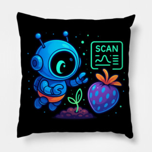 Cute Robot Scanning Sprout and Berry • Adorable Sci-Fi Nature Art Pillow