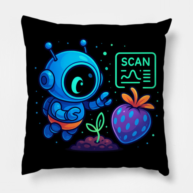 Cute Robot Scanning Sprout and Berry • Adorable Sci-Fi Nature Art Pillow by Anne Lee