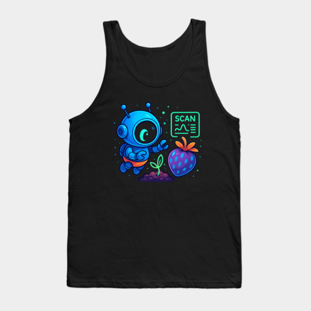 Cute Robot Scanning Sprout and Berry • Adorable Sci-Fi Nature Art Tank Top by Anne Lee