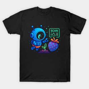 Cute Robot Scanning Sprout and Berry • Adorable Sci-Fi Nature Art T-Shirt