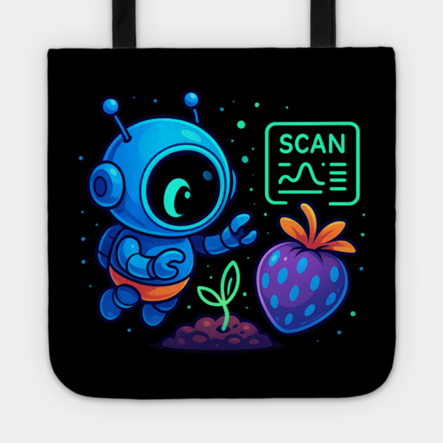 Cute Robot Scanning Sprout and Berry • Adorable Sci-Fi Nature Art Tote by Anne Lee