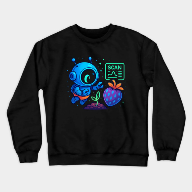 Cute Robot Scanning Sprout and Berry • Adorable Sci-Fi Nature Art Crewneck Sweatshirt by Anne Lee