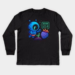 Cute Robot Scanning Sprout and Berry • Adorable Sci-Fi Nature Art Kids Long Sleeve T-Shirt
