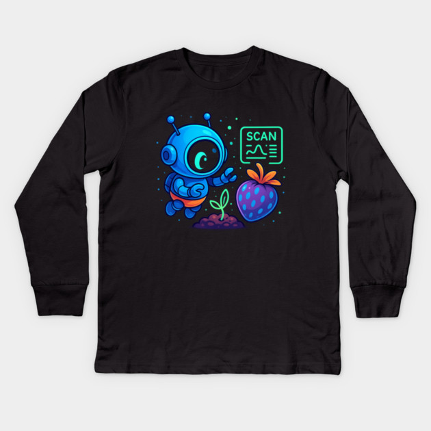 Cute Robot Scanning Sprout and Berry • Adorable Sci-Fi Nature Art Kids Long Sleeve T-Shirt by Anne Lee