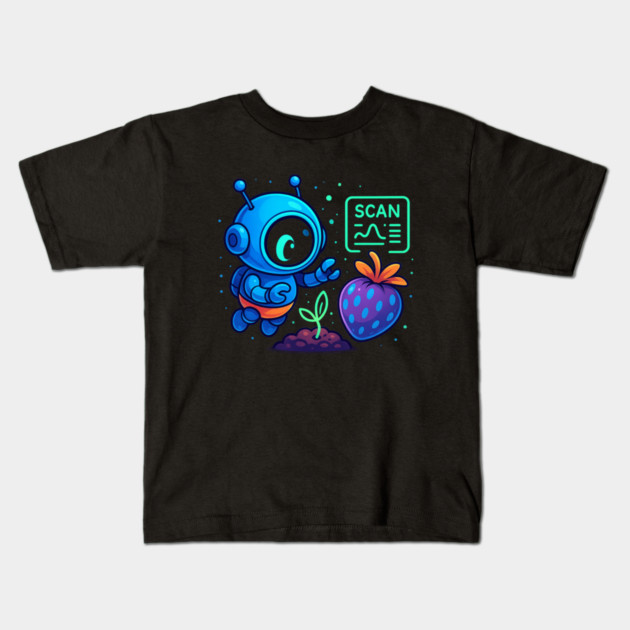 Cute Robot Scanning Sprout and Berry • Adorable Sci-Fi Nature Art Kids T-Shirt by Anne Lee