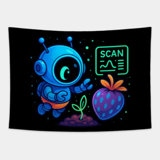 Cute Robot Scanning Sprout and Berry • Adorable Sci-Fi Nature Art Tapestry