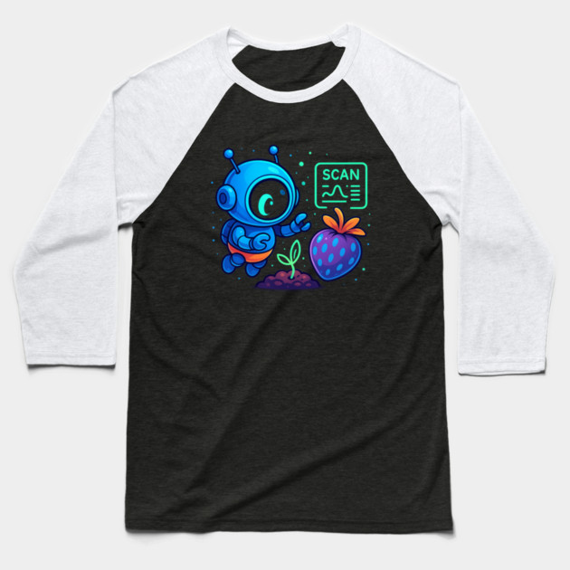 Cute Robot Scanning Sprout and Berry • Adorable Sci-Fi Nature Art Baseball T-Shirt by Anne Lee