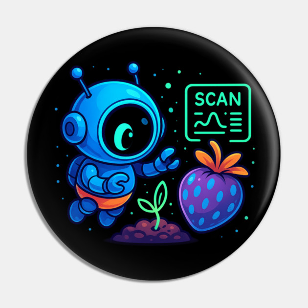 Cute Robot Scanning Sprout and Berry • Adorable Sci-Fi Nature Art Pin by Anne Lee