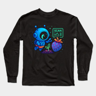 Cute Robot Scanning Sprout and Berry • Adorable Sci-Fi Nature Art Long Sleeve T-Shirt